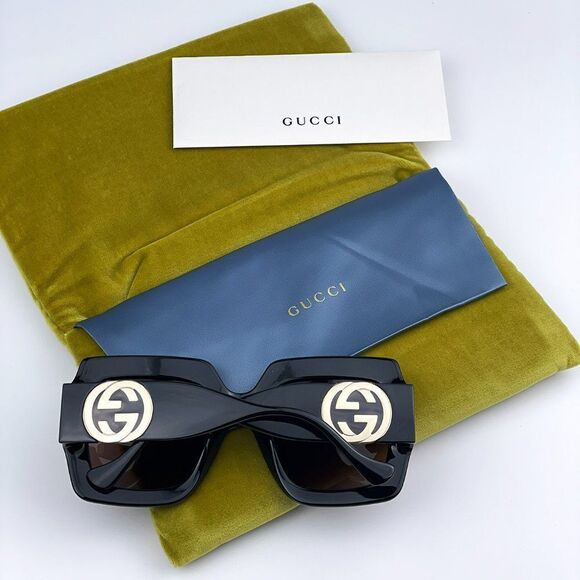 NEW Gucci GG1022S 005 Black Brown Square Chain Women Sunglasses - Picture 11 of 14